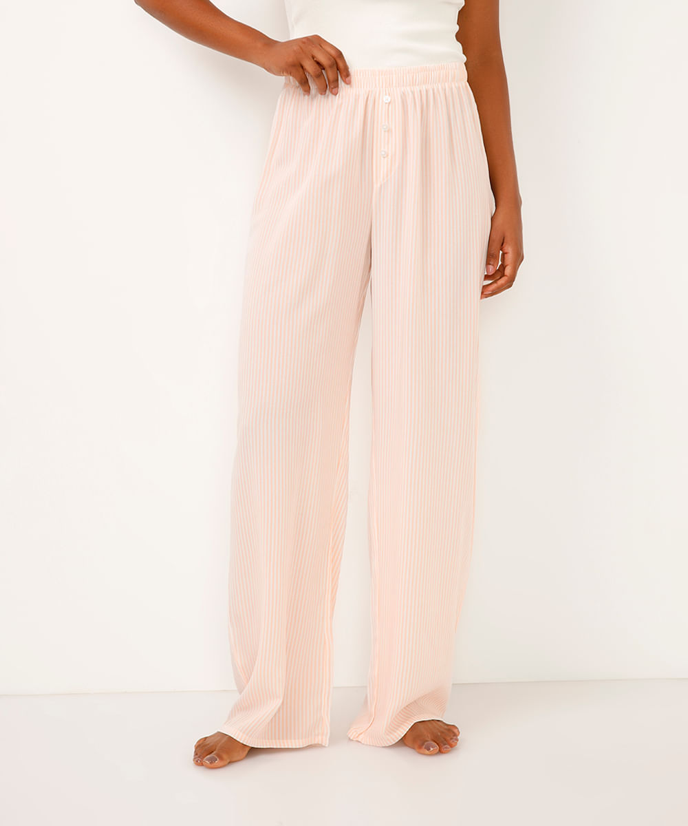 calça de pijama reta listrada rosa