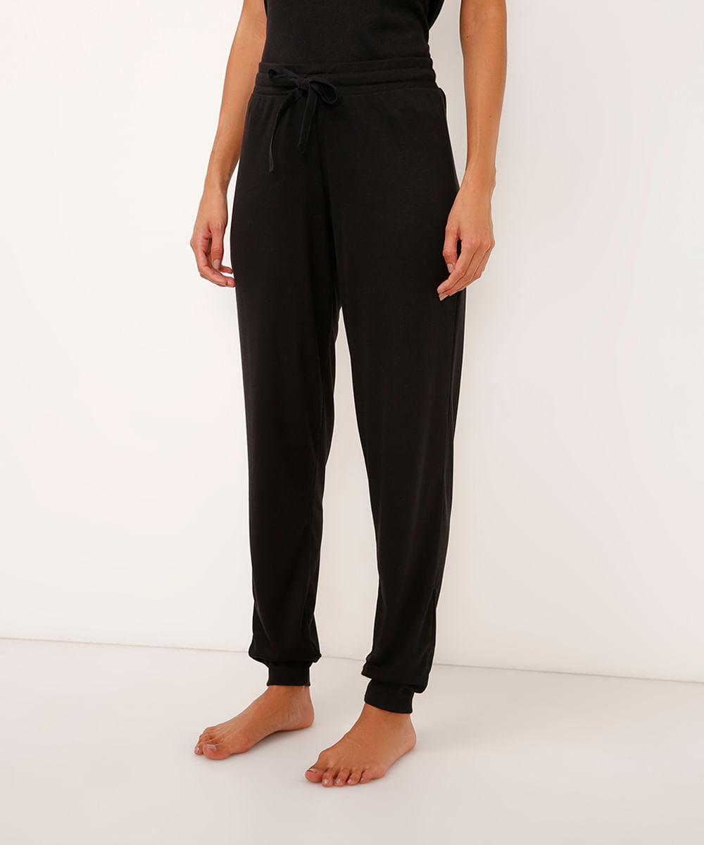 calça de pijama jogger canelada preto