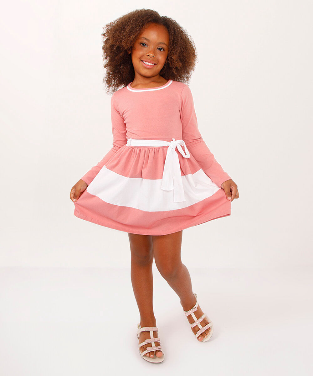 vestido de algodão infantil evasê com faixa rosa