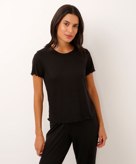 blusa de pijama manga curta canelada preta
