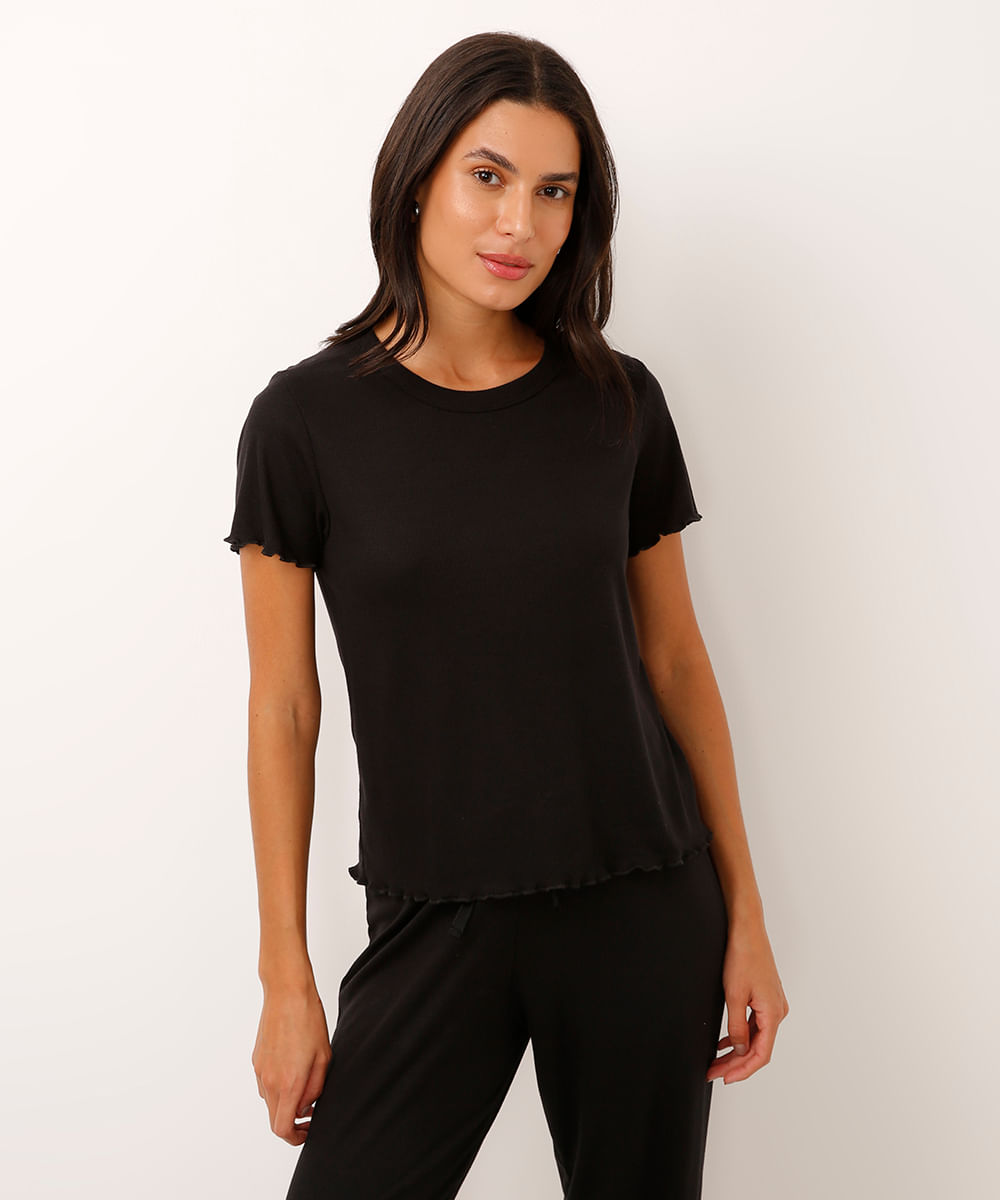 blusa de pijama manga curta canelada preta