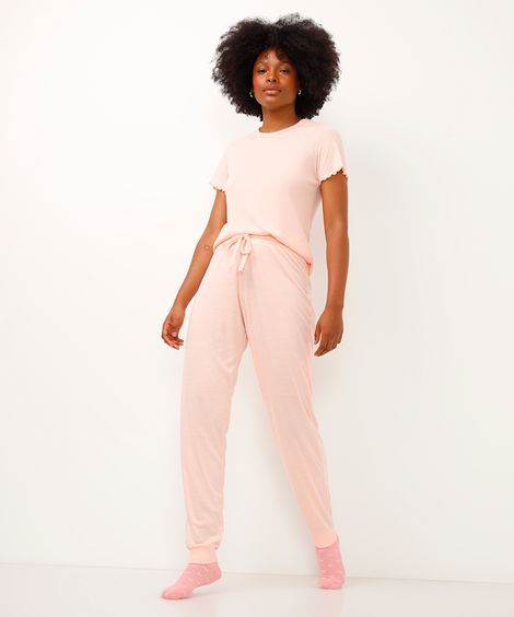 calça de pijama jogger canelada rosa