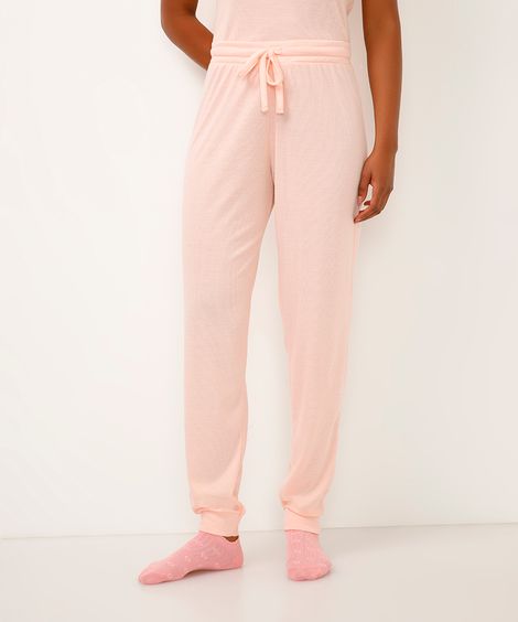 calça de pijama jogger canelada rosa