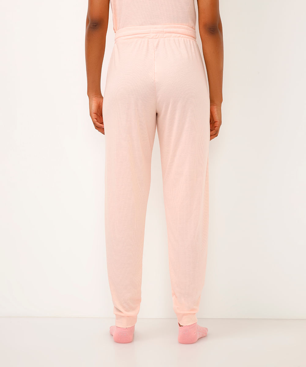 calça de pijama jogger canelada rosa