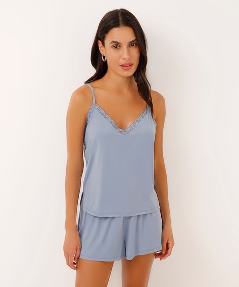 pijama short doll alça fina com renda  azul