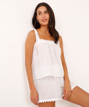 pijama short doll alça média textura poá off white