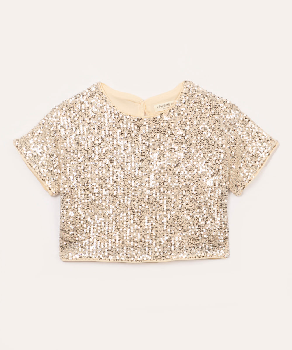 blusa de paetê infantil manga curta dourado