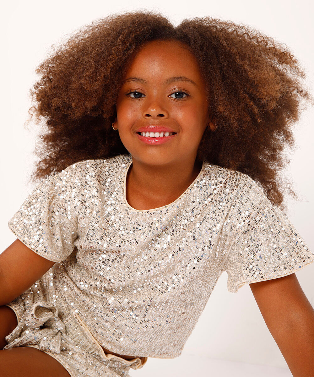 blusa de paetê infantil manga curta dourado
