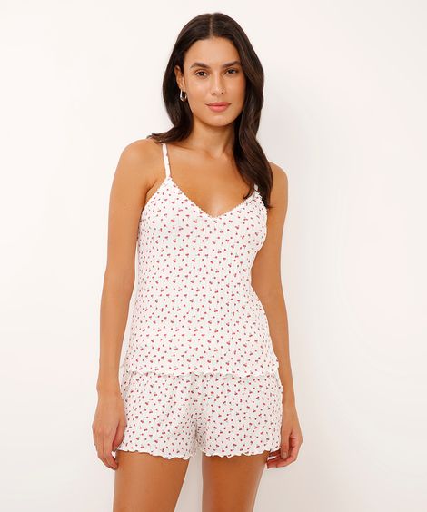 pijama short doll alça fina canelado cerejas off white