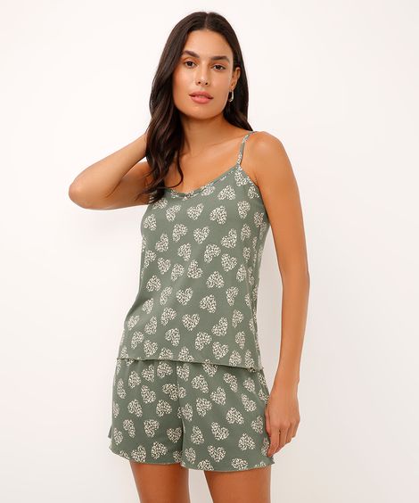 pijama short doll alça fina corações verde