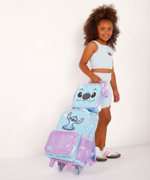 mochila infantil de paetês lilo e stitch azul