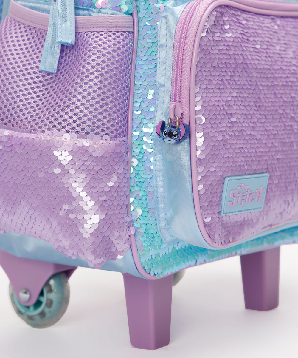 mochila infantil de paetês lilo e stitch azul