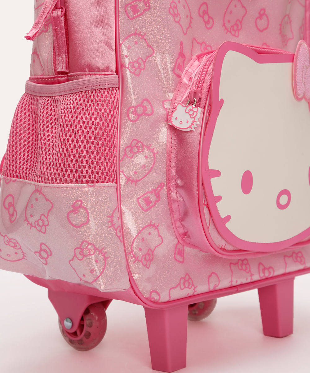 mochila com rodinhas infantil hello kitty com glitter rosa