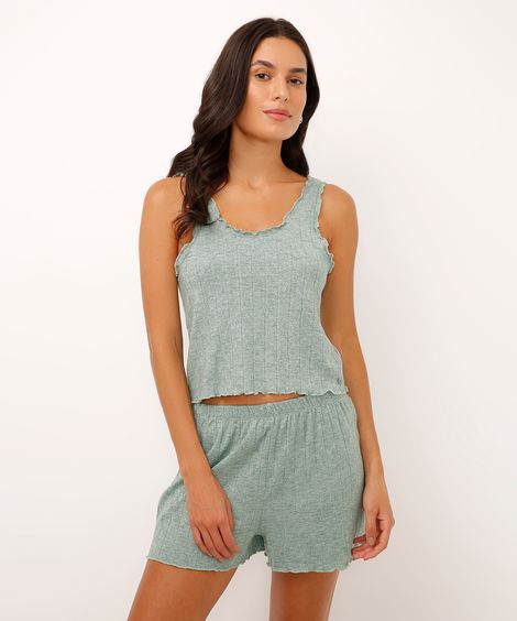 pijama short doll canelado corações verde