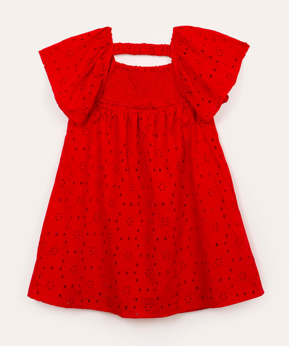 vestido de laise infantil com babado manga curta vermelho
