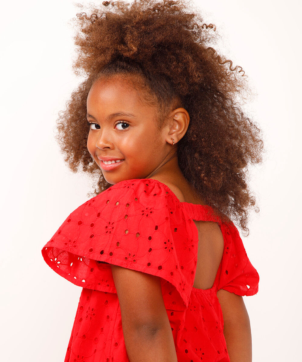 vestido de laise infantil com babado manga curta vermelho