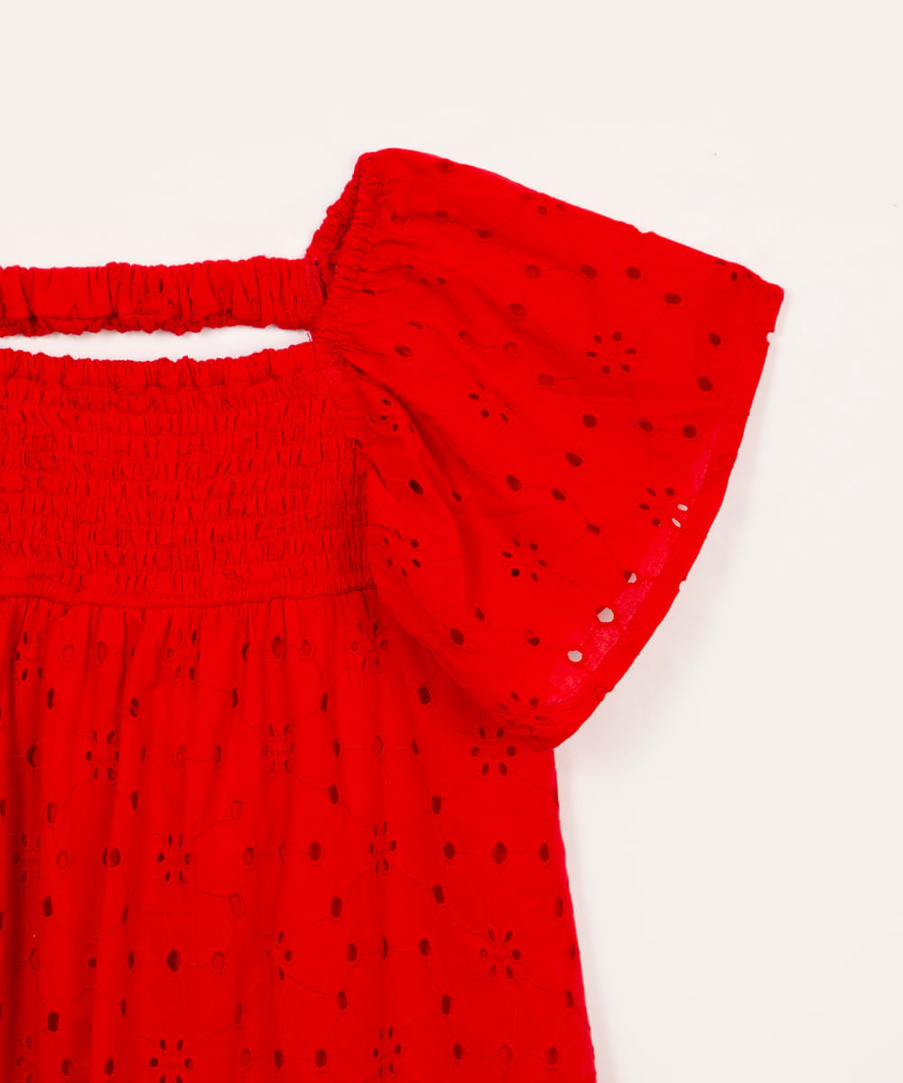 vestido de laise infantil com babado manga curta vermelho