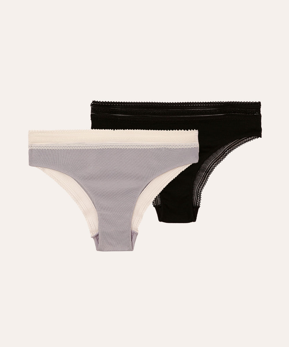 kit de 2 calcinhas biquíni caneladas com renda colorido