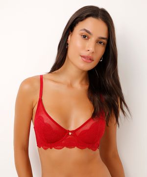 sutiã meia taça sem bojo de tule e renda vermelho