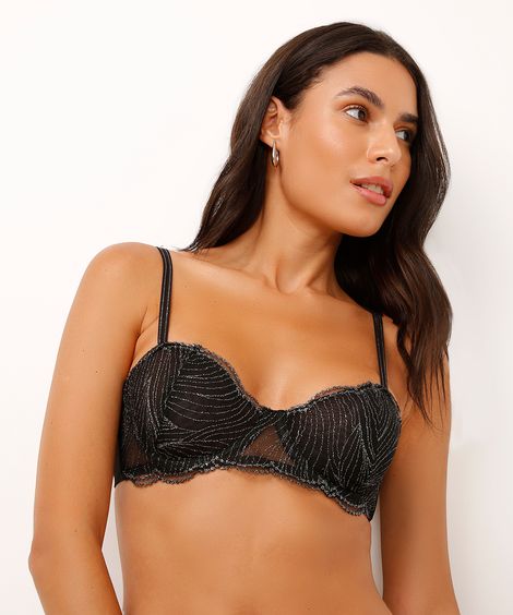 sutiã meia taça de tule com lurex preto