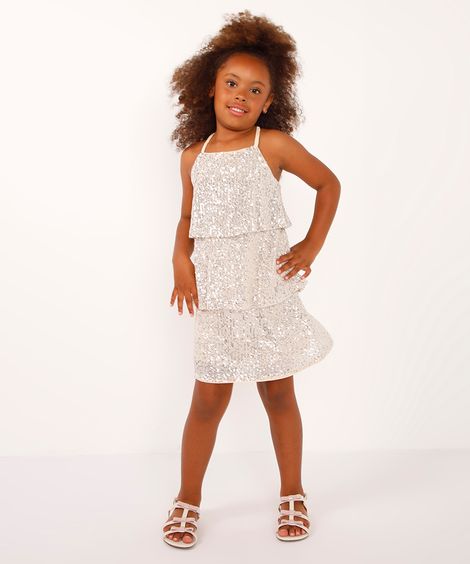 vestido curto infantil de paetês prateado