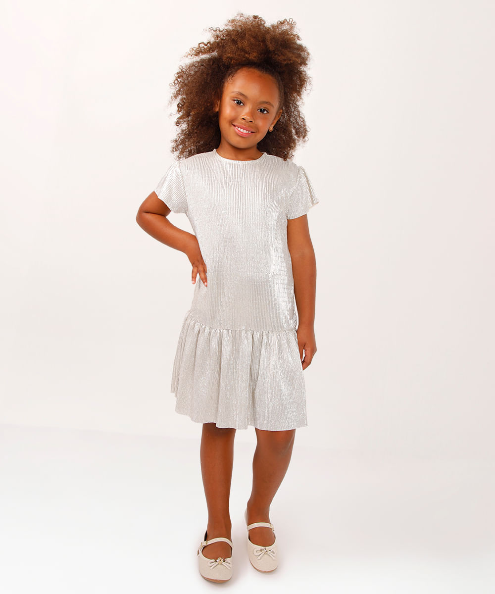vestido curto infantil de paetê texturizado prateado