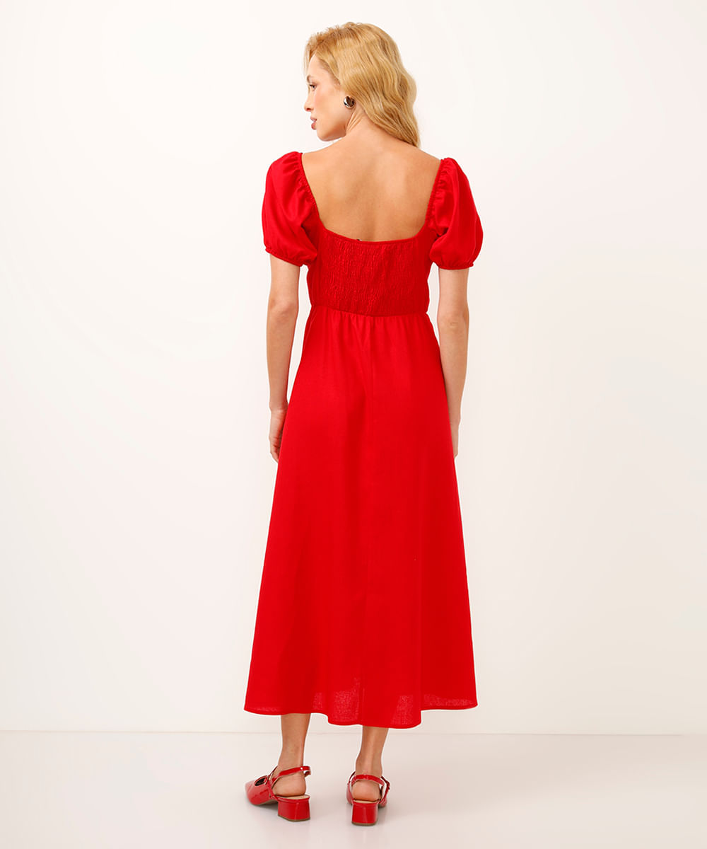 vestido midi com linho manga bufante vermelho