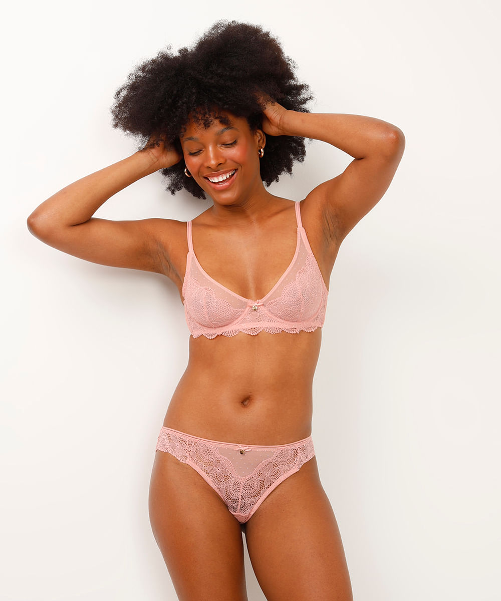 sutiã meia taça sem bojo de tule e renda rosa