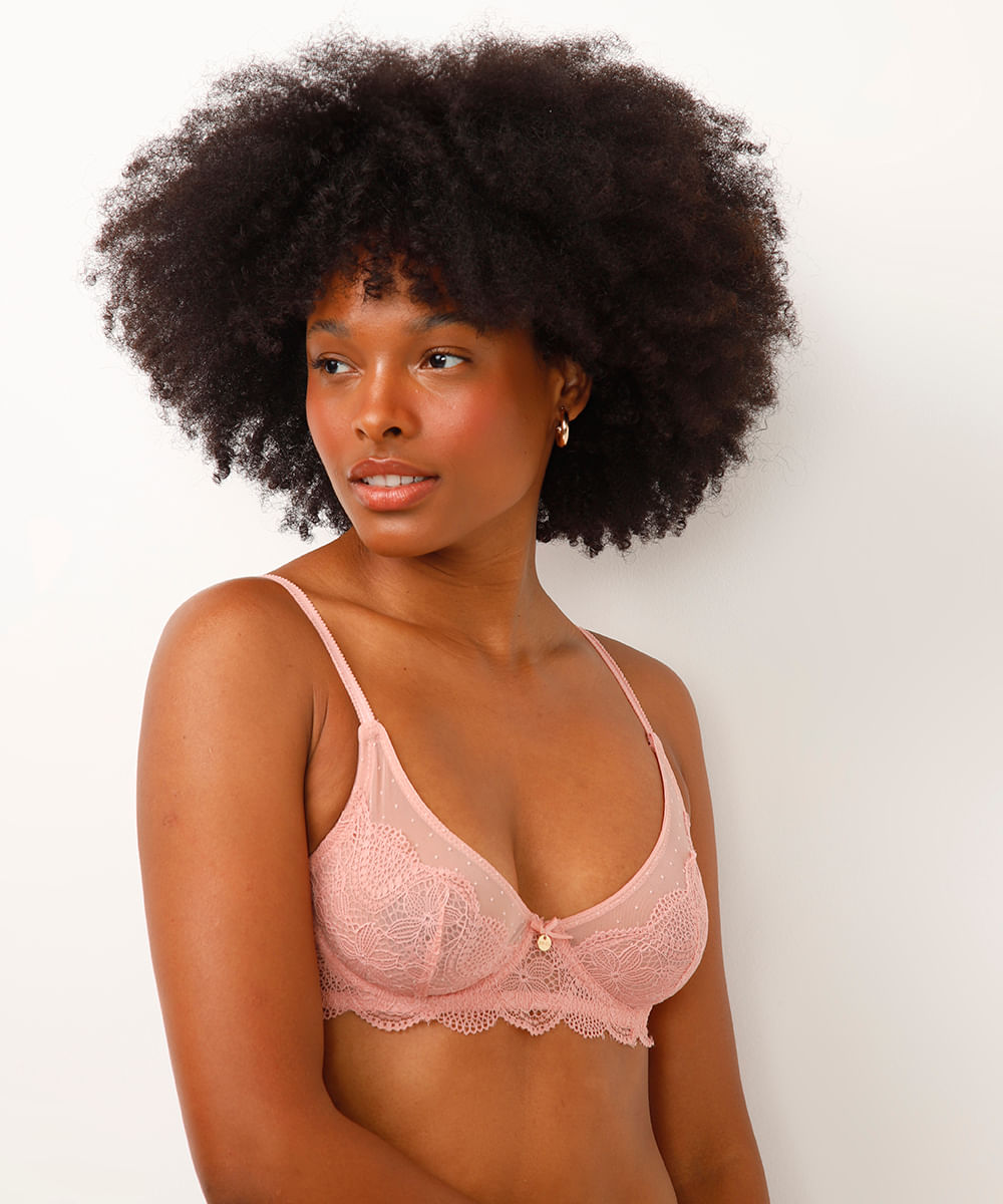 sutiã meia taça sem bojo de tule e renda rosa