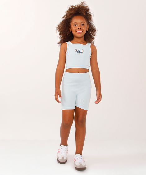 conjunto curto infantil canelado stitch e angel azul