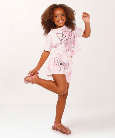 conjunto curto infantil de algodão lilo e stitch rosa