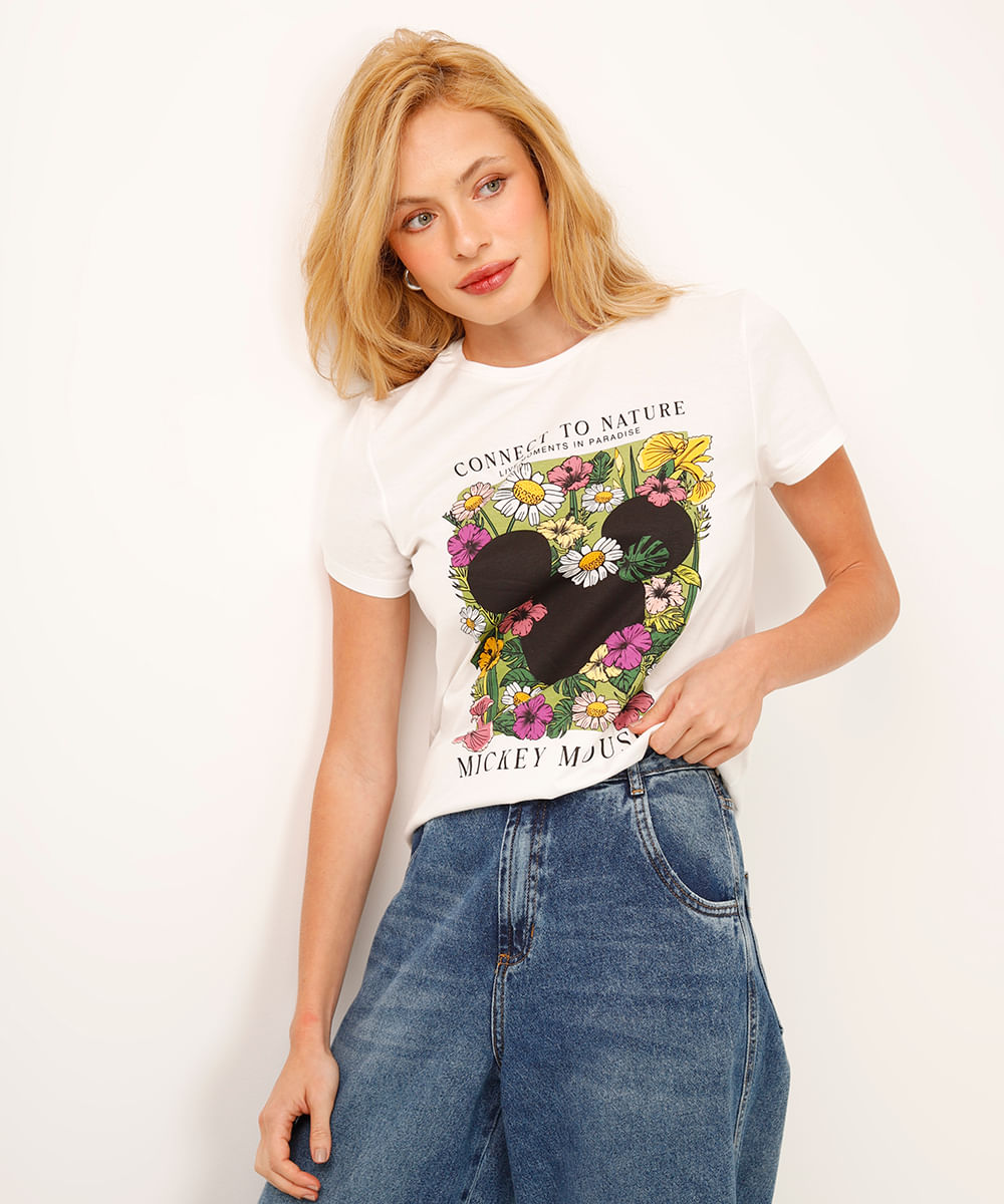camiseta de algodão manga curta mickey floral off white