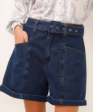 short clochard jeans cintura alta com cinto azul