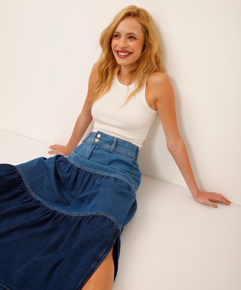 Jeans Cintura Alta Saia Midi Jeans C&a Cintura Alta Saia Jeans