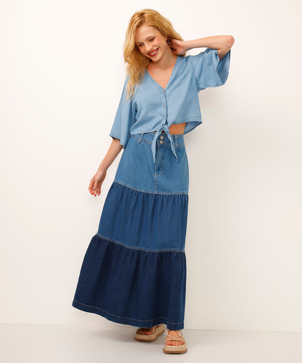 camisa cropped jeans decote v com amarração azul