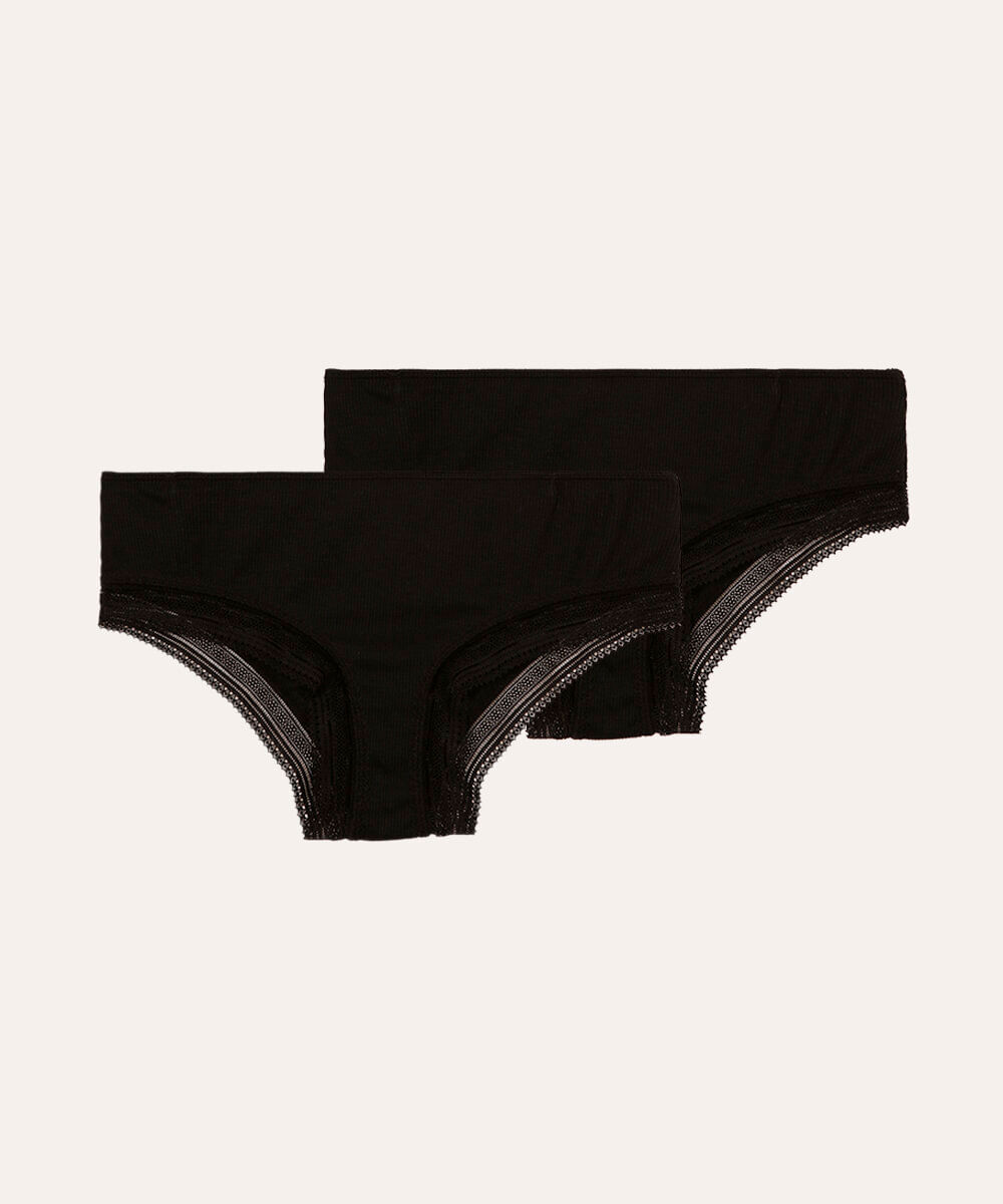 kit de 2 calcinhas caleçon canelada com renda preta