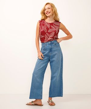 calça wide leg cropped jeans cintura alta azul