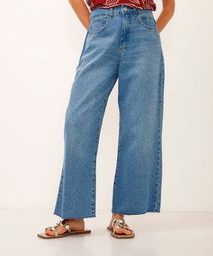 calça wide leg cropped jeans cintura alta azul