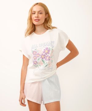 pijama short doll de algodão floral off white