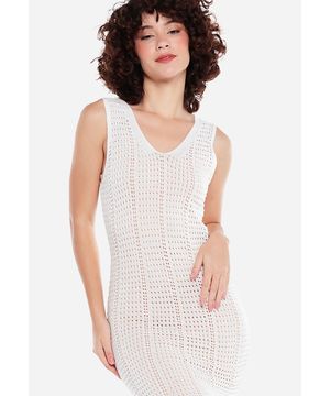 Vestido Longo de Crochê Off White com Forro Sob