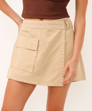 short saia de sarja cintura alta com bolso cargo bege