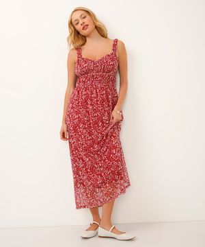 vestido midi de tule floral vermelho