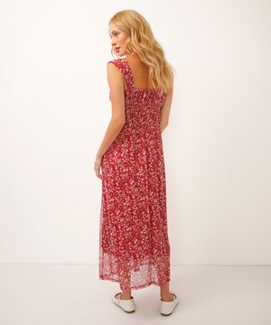 vestido midi de tule floral vermelho