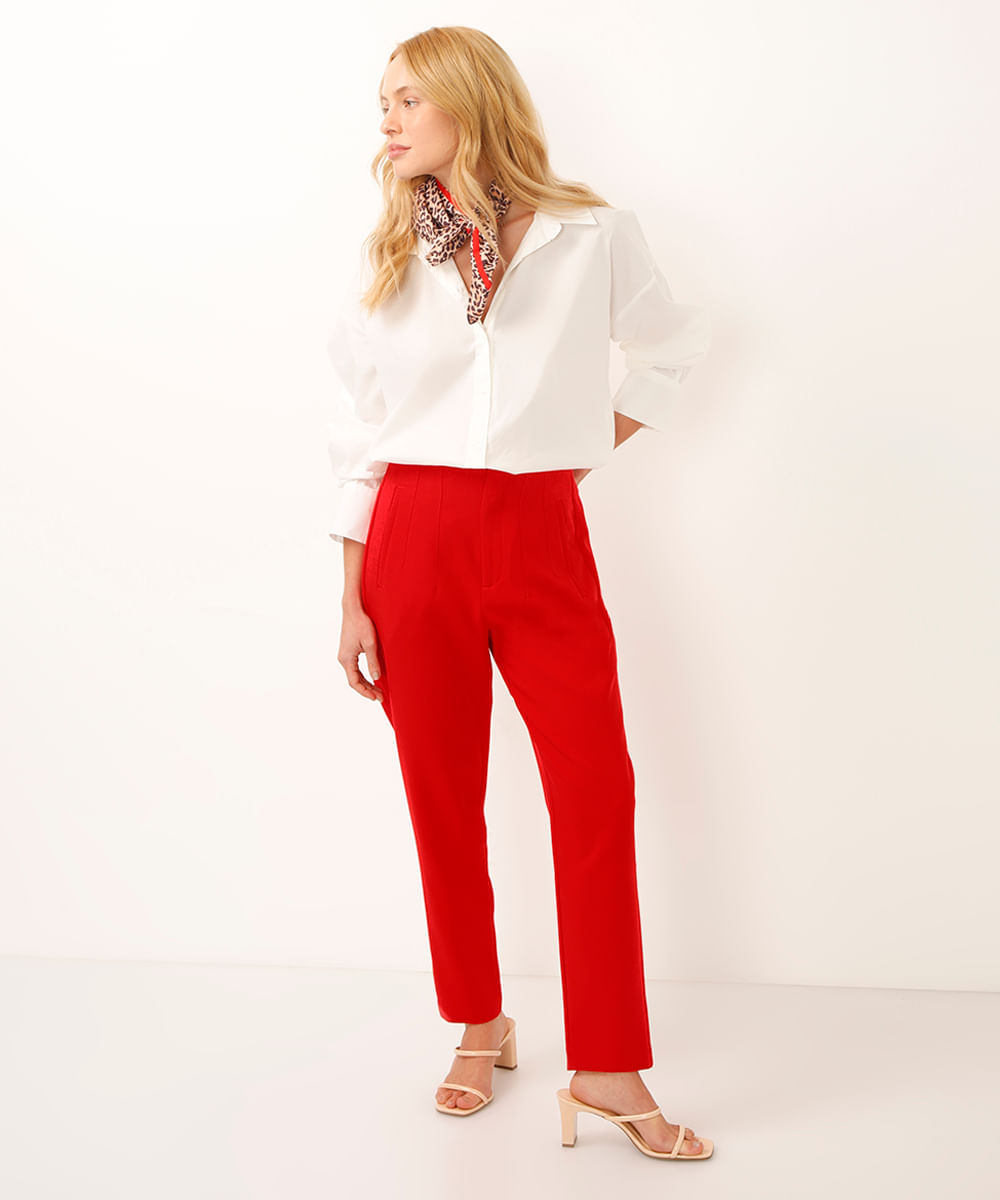 calça alfaiataria cintura alta com pences - vermelho