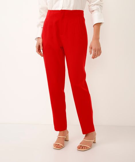 calça alfaiataria cintura alta com pences - vermelho