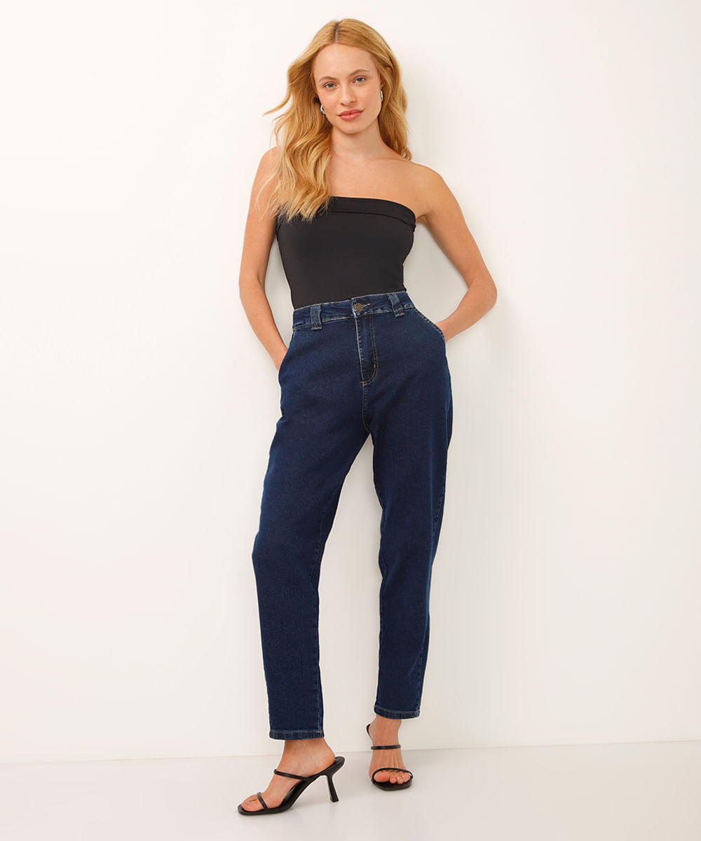 calça mom jeans cintura alta sawary azul
