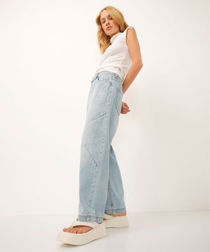 calça barrel cropped jeans cintura média azul