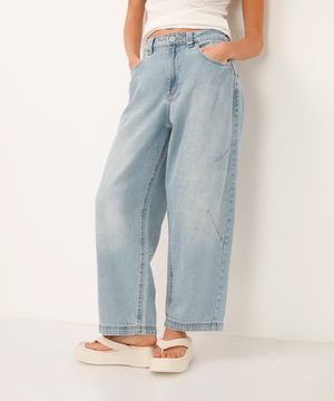 calça barrel cropped jeans cintura média azul