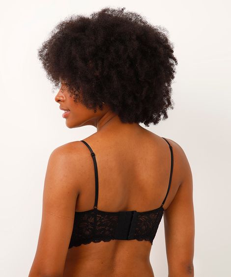 sutiã cropped meia taça com bojo rendado floral preto