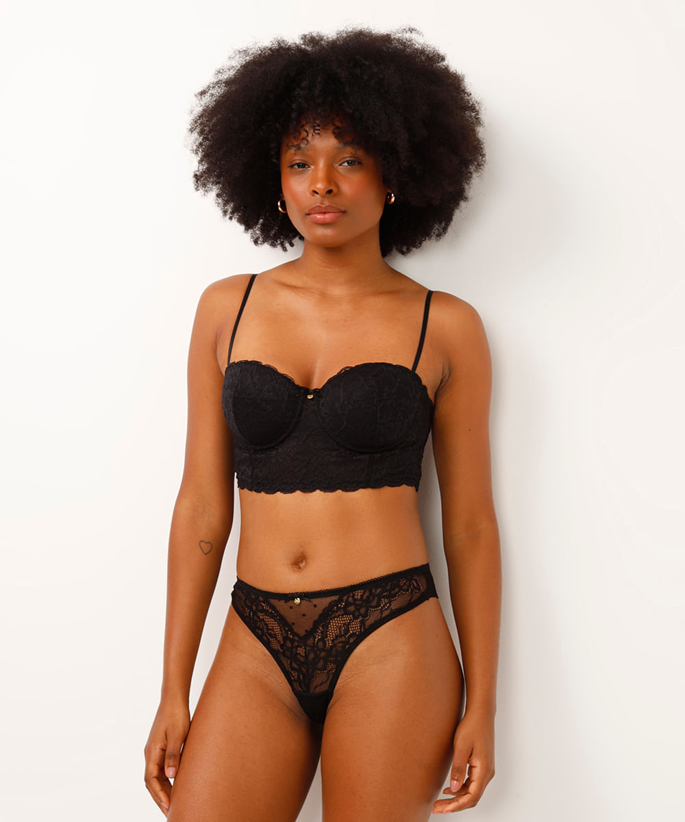 sutiã cropped meia taça com bojo rendado floral preto